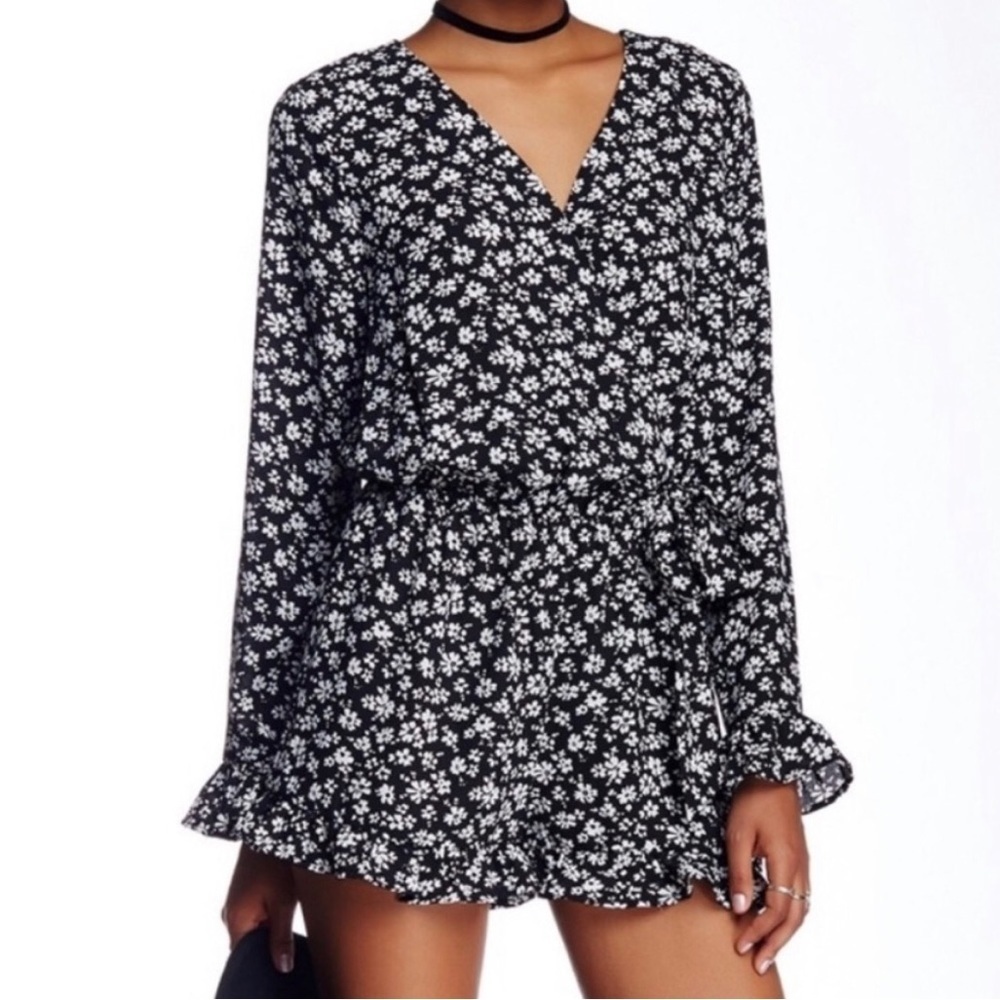 Ro & De Floral Black and White Wrap Romper Mini Dress